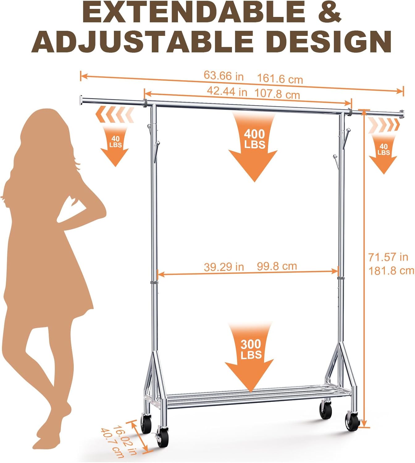 TigerParty Heavy Duty Clothes Rack for Hanging Clothes, Rolling Garment Rack, Adjustable Free Standing Organizer with Wheels, Space-Saving Design for Bedroom Laundry Living Room (Silver)