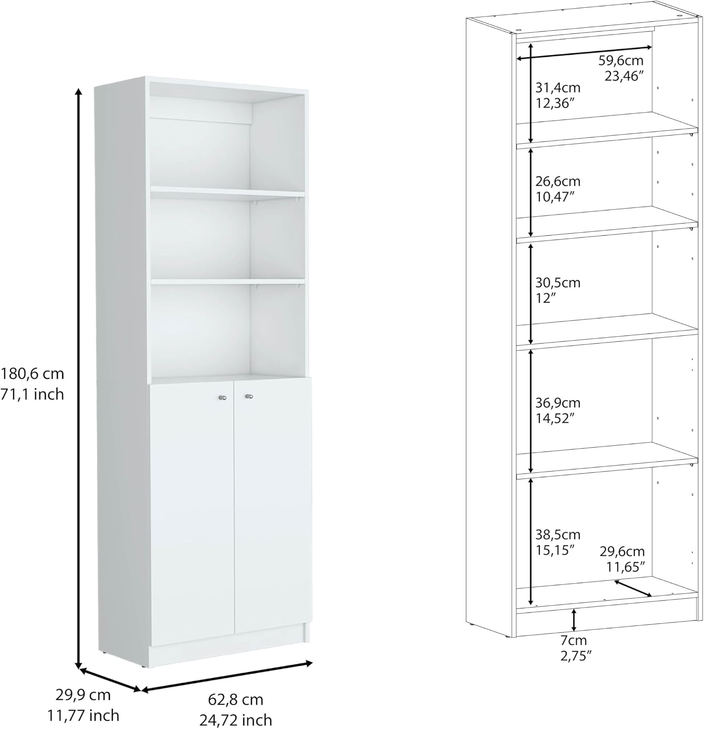 Kitchen Pantry Cabinet,Wooden Cupboard Credenza Cabinet with 3 Open Shelves & 2 Doors,Freestanding Kitchen Hutch Organizer for Dining Room,Living Room,White