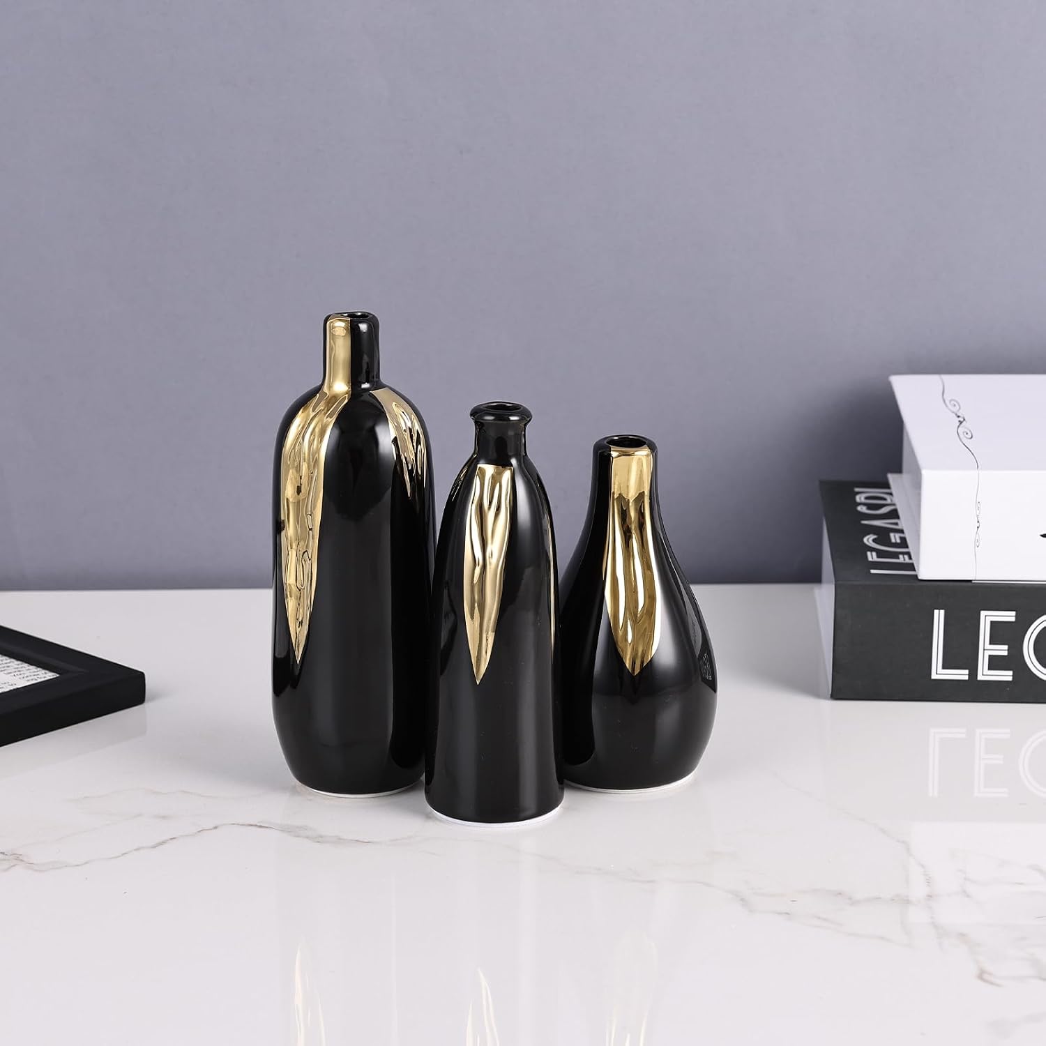 LCCCK Black and Gold Mini Ceramic Vase Set of 3, Small Ceramic Vase Set for Decorative, Bud Vases for Centerpieces Nightstand Kitchen, Boho Farmhouse Home Coffee Table Tray Decor