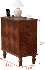 Mid Century Modern Narrow End Table with Charging Station, Skinny Side Table for Living Room, Slim Nightstand Bedside Table with Storage Drawers Sofa Side Table for Small Spaces Bedroom