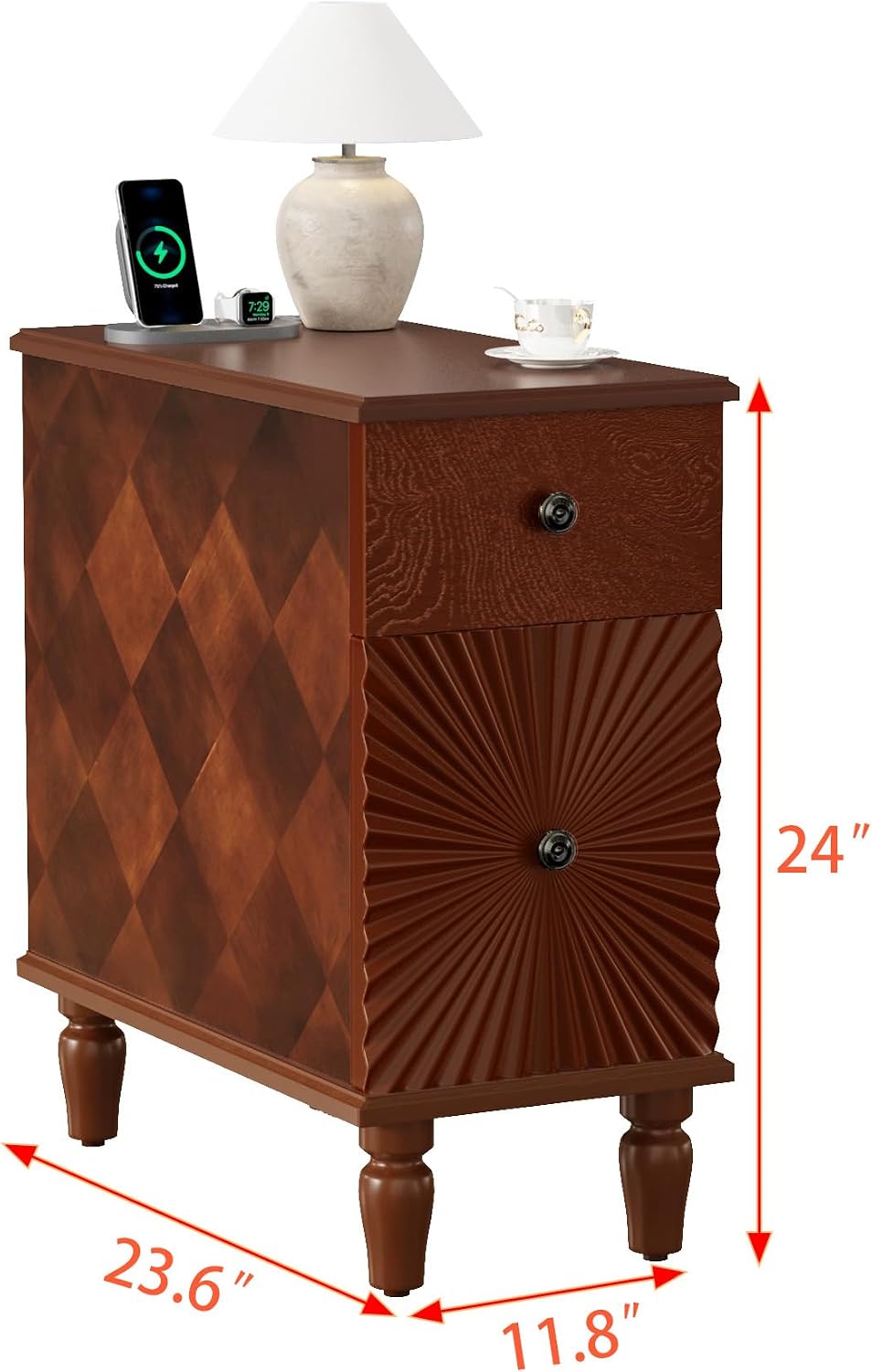 Narrow End Table with Charging Station，Modern Sofa Side Table with 2 Drawers，Narrow Side Tables with Storage Cabinet, Wood Slim Nightstand, End Tables for Living Room, Bedroom