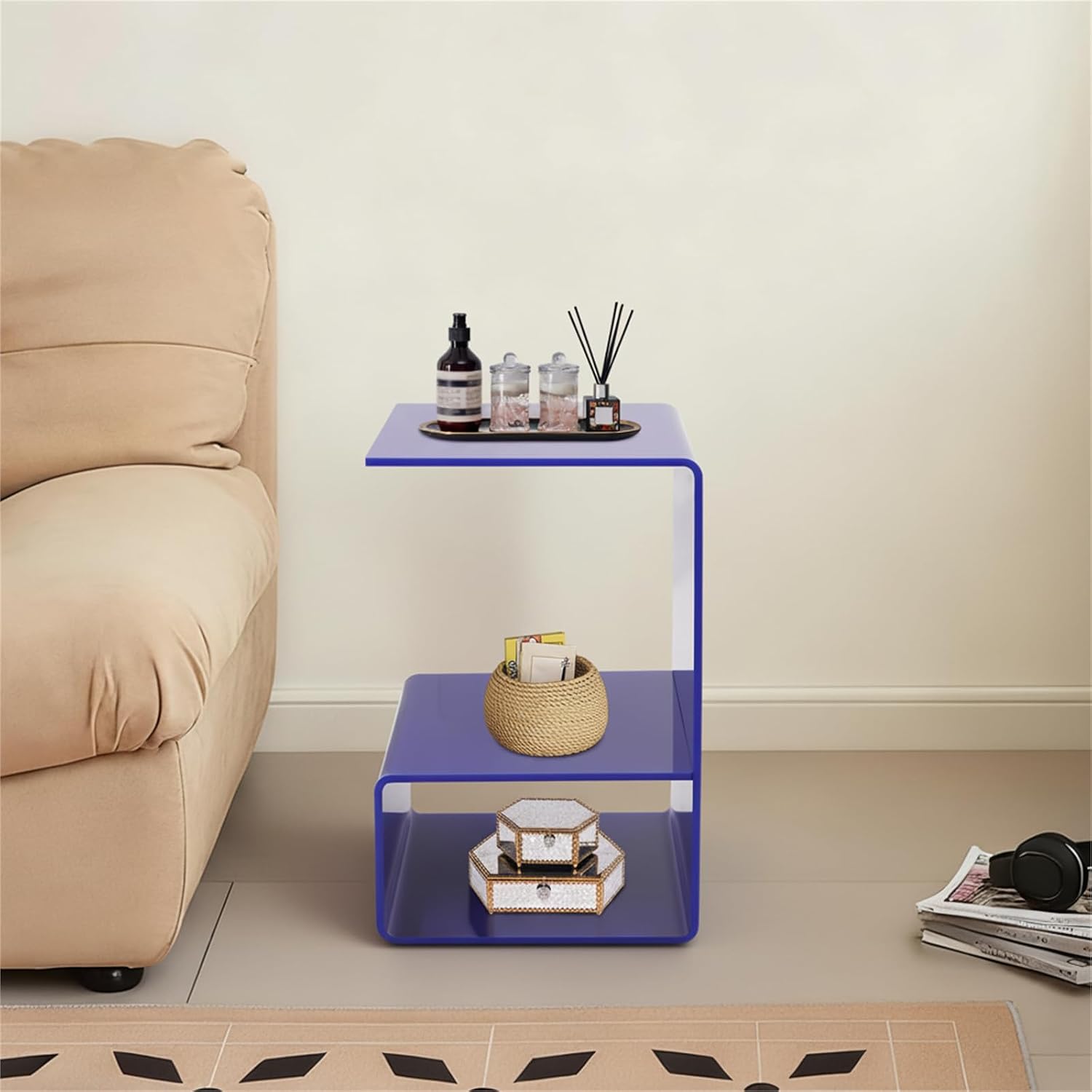 3-Tier Acrylic End Table, Sofa Side Couch Table Coffee Table, Small Space Organizer Nightstand Bed Side Table, for Home Bedroom Bathroom Living Room Office Coffee Shop (Blue)
