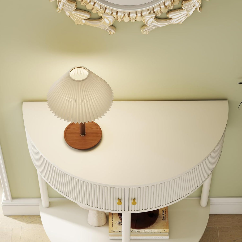 Artisan-Crafted Wave-Pattern Demi-Lune Console Table with Creamy White Finish,Unique Half Moon Design End Table with 2 Storage Drawers and Bottom Shelf for Living Room, Bedroom, Study, Hallway