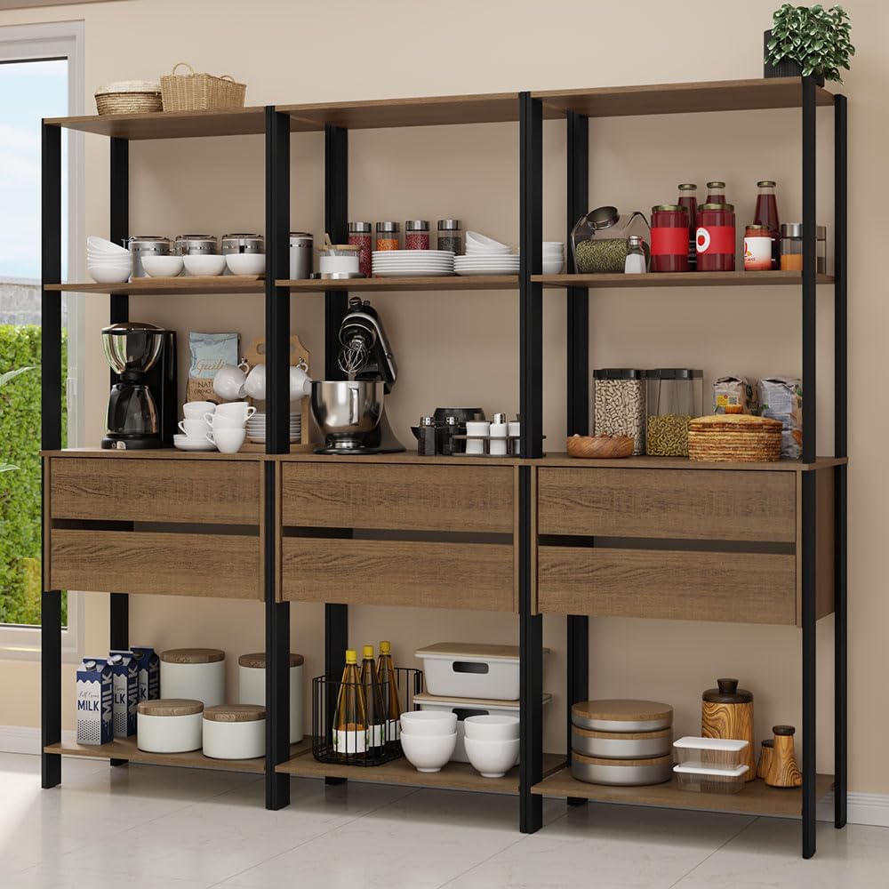 Madesa Kitchen Pantry Storage Rack with 6 Drawers and Open Shelves 82" L Multiuse Modular Cabinet for Kitchen Organization (Black/Brown)