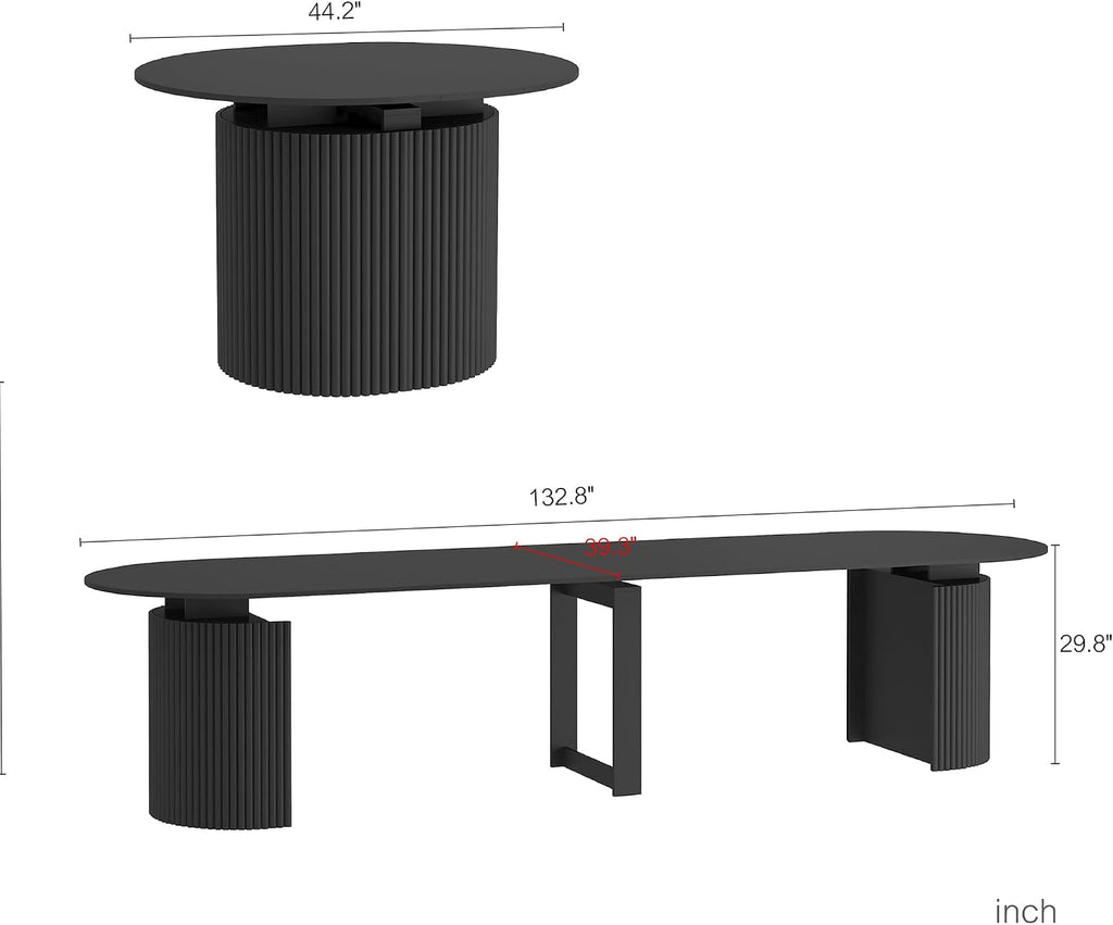 44"-132" Long Round Extendable Dining Table for 4-12, Farmhouse Oval Expandable Dinner Kitchen Table with Fluted Base, Space Saving Mid Century Modern Dining Room Tables for Dining Living Room,Black