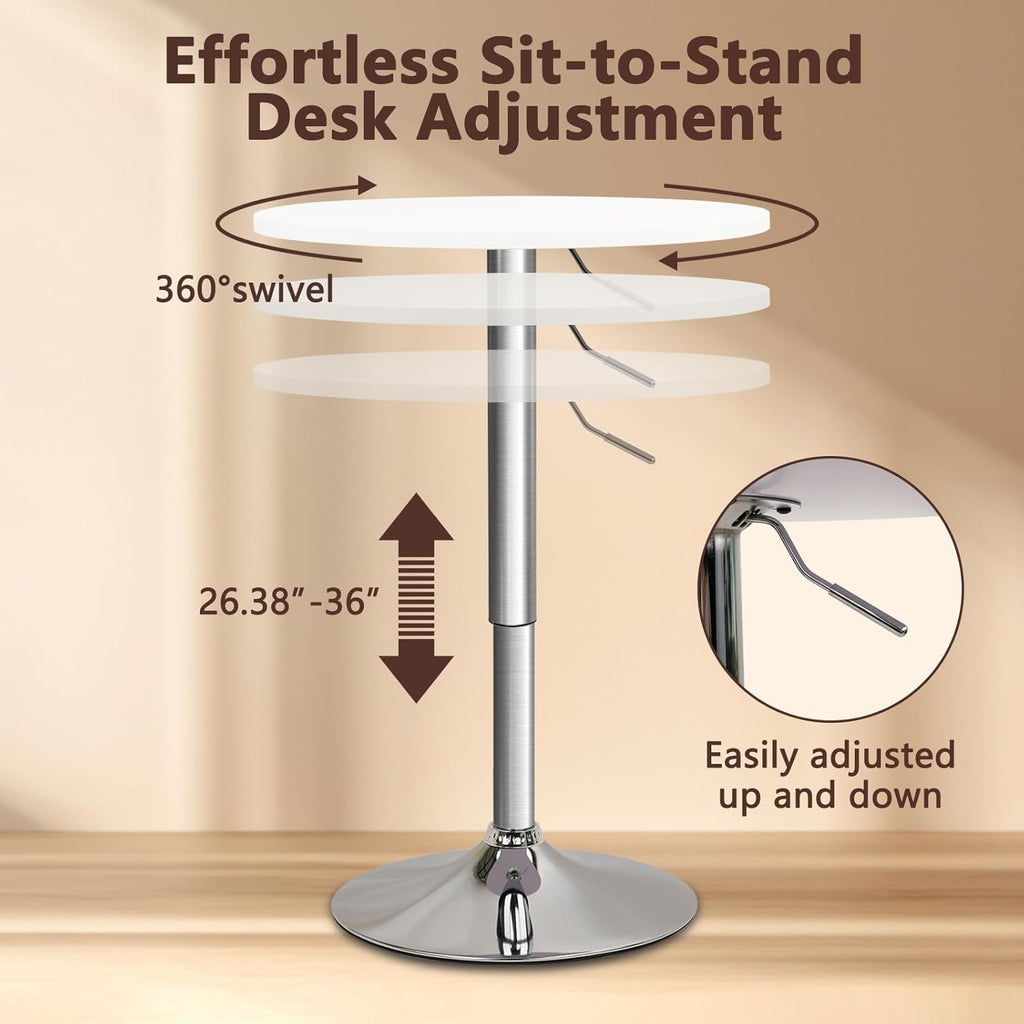 CLATINA Round Bar Table, Height Adjustable 26"-36" Bistro Pub Table with Metal Base, 360° Swivel High Top Cocktail Table for Kitchen, Home, Restaurant, Cafe, Wedding, Party, Reception，White