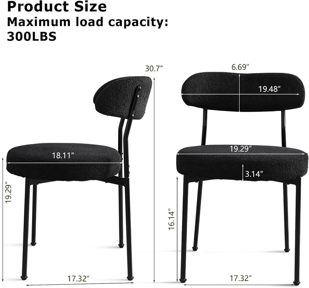Modern Boucle Dining Chair Set of 4 with Round Lambswool Upholstered Cushion Backrest and Metal Legs for Dining Room Kitchen Restaurant Living Room(Black&Black Leg)
