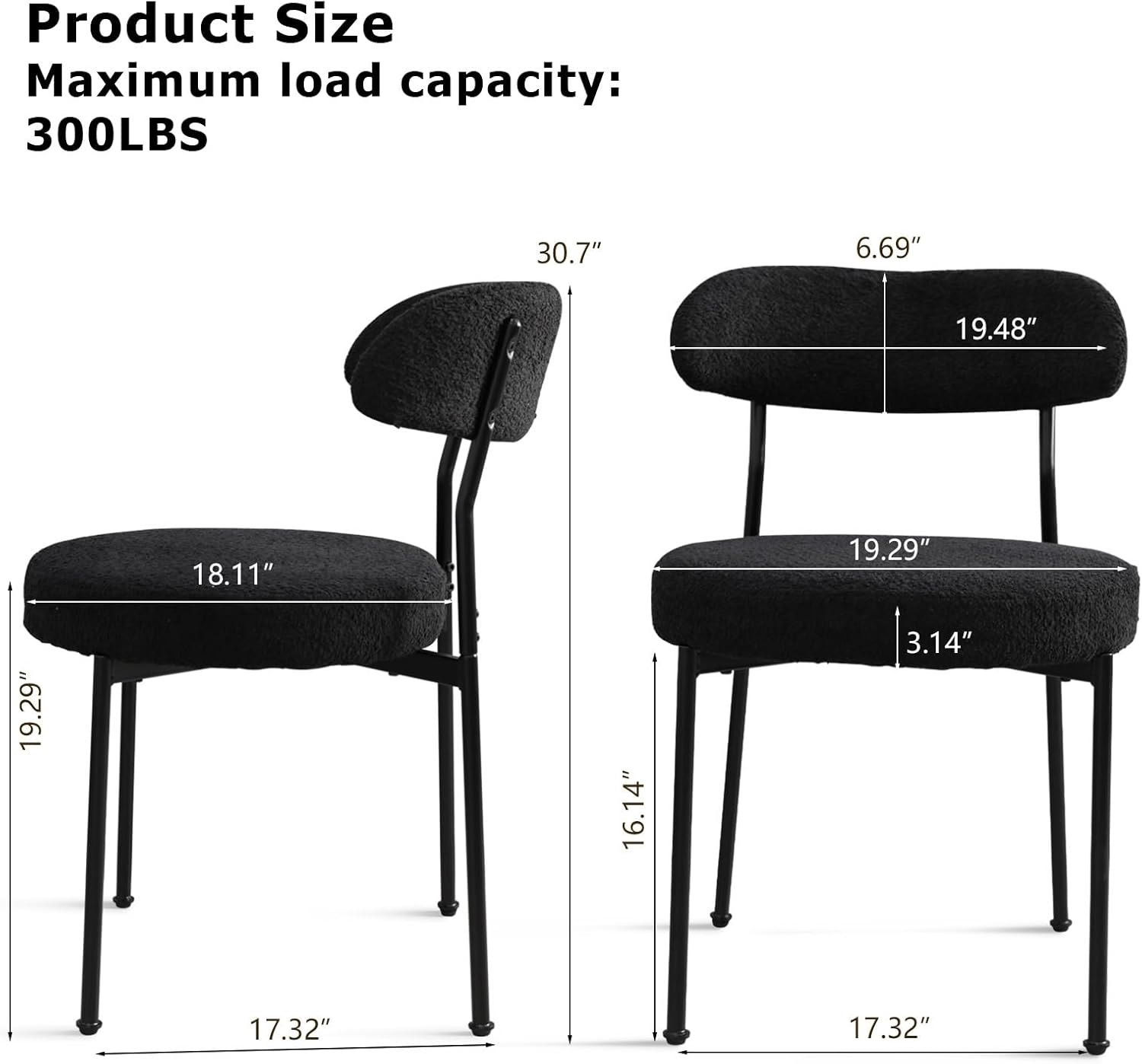 Modern Boucle Dining Chair Set of 4 with Round Lambswool Upholstered Cushion Backrest and Metal Legs for Dining Room Kitchen Restaurant Living Room(Black&Black Leg)