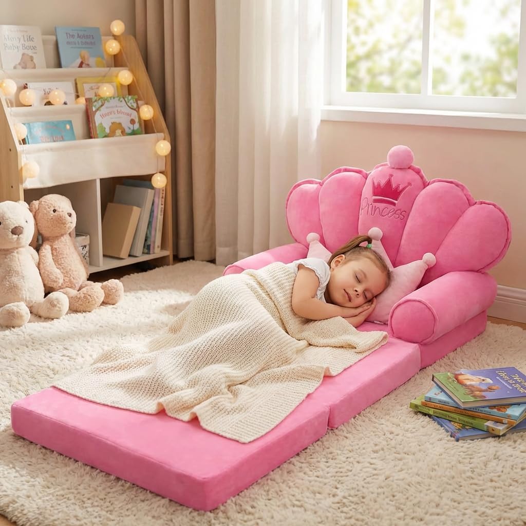 Pink Princess Toddler Couch, 2-in-1 Foldable Sofa Bed & Chair for Kids 1-5, Space-Saving for Small Rooms, Fits Multiple Spaces, Flexible Layout, Comfy Crystal Velvet, Playroom Gift