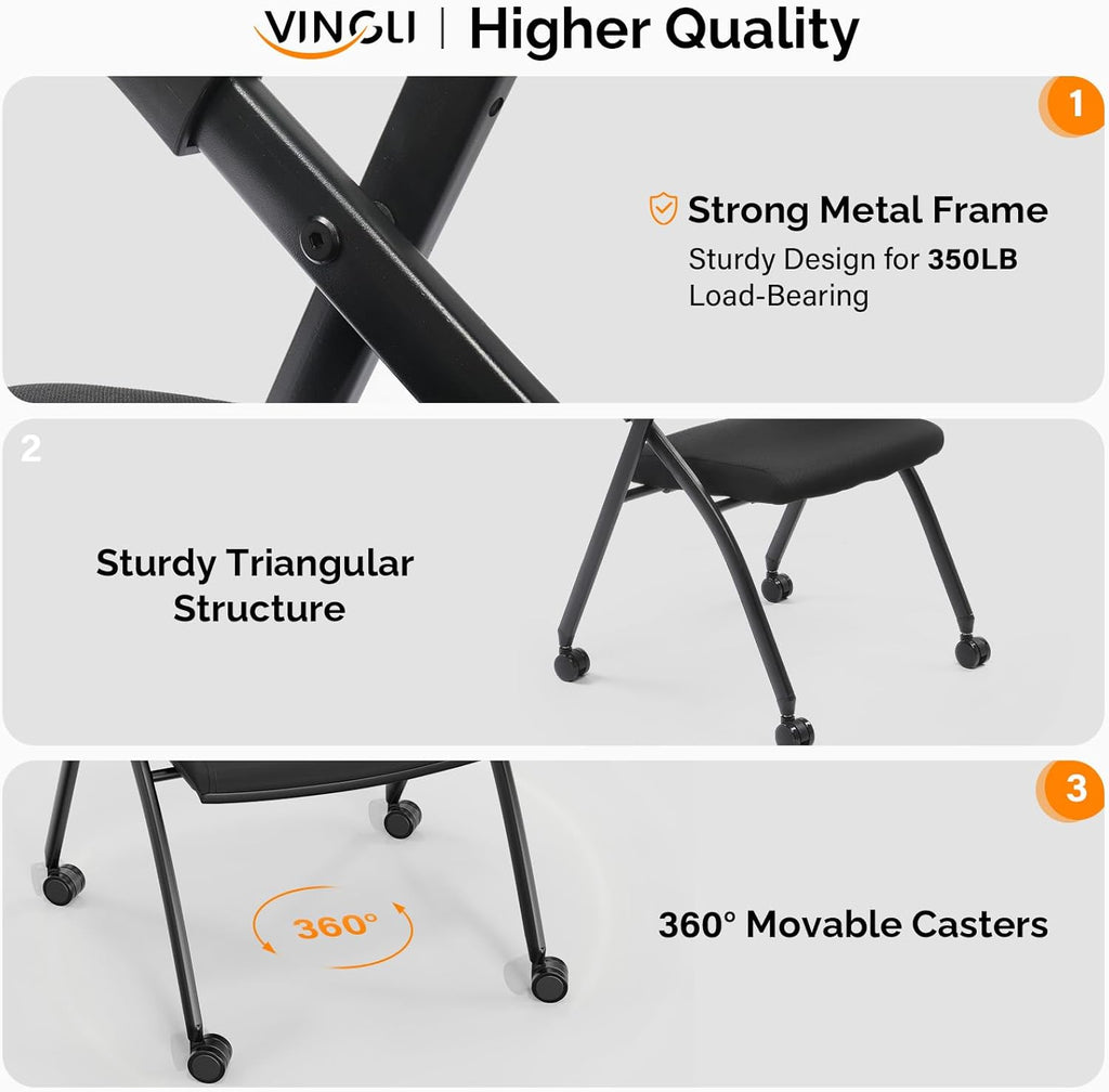 Stackable Folding Conference Chair with Wheels, Rebound Back & Padded Seat, 350 lbs Capacity, Black Office Guest Chair for Training Rooms, Reception, Events – 1 Pack