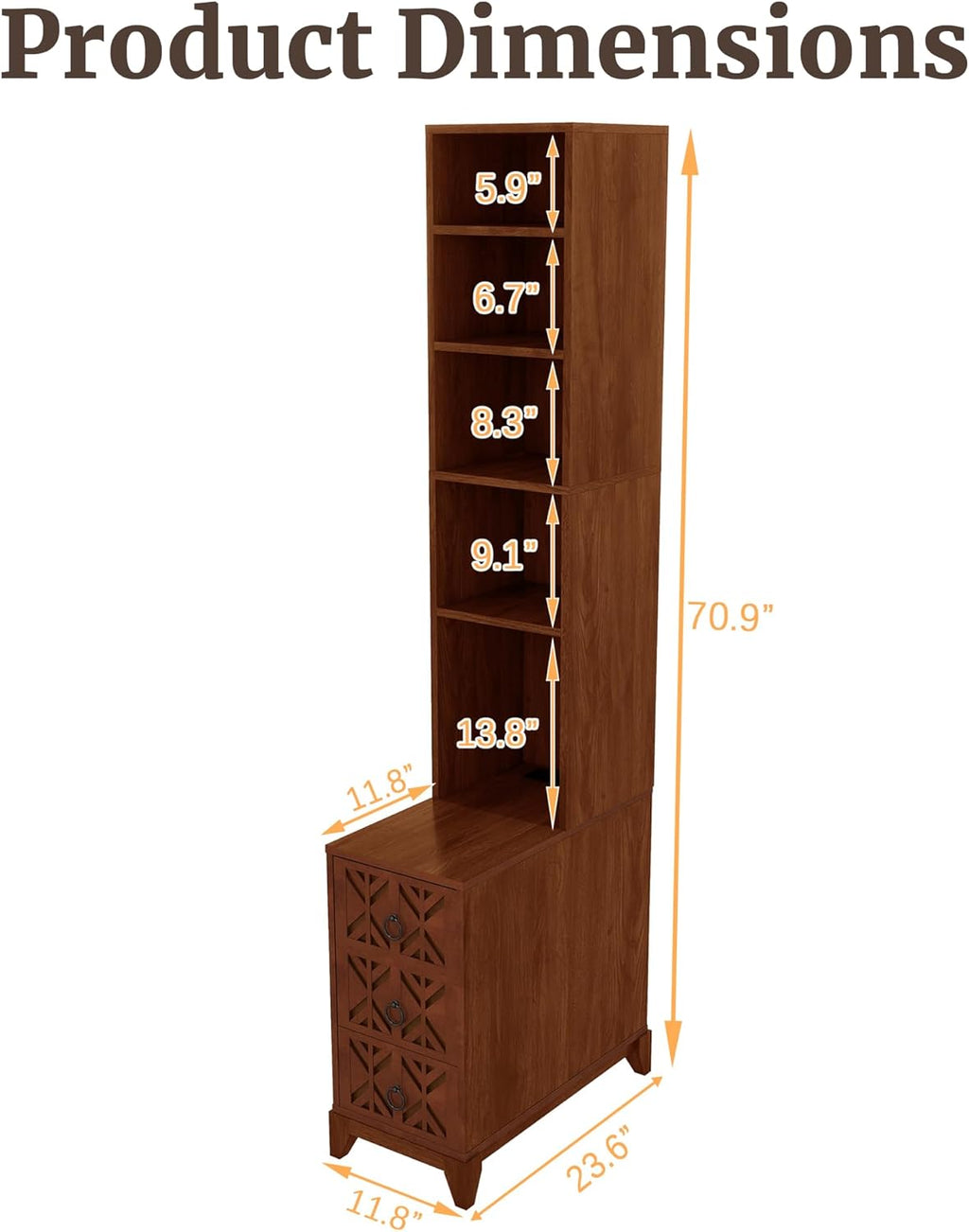 Mirightone 71" Tall End Table with 3-Drawer and Shelves, Narrow Side Table with Charging Station, High Slim Corner Cabinet Bedside Table with Storage Bookcase for Living Room Bedroom, Walnut