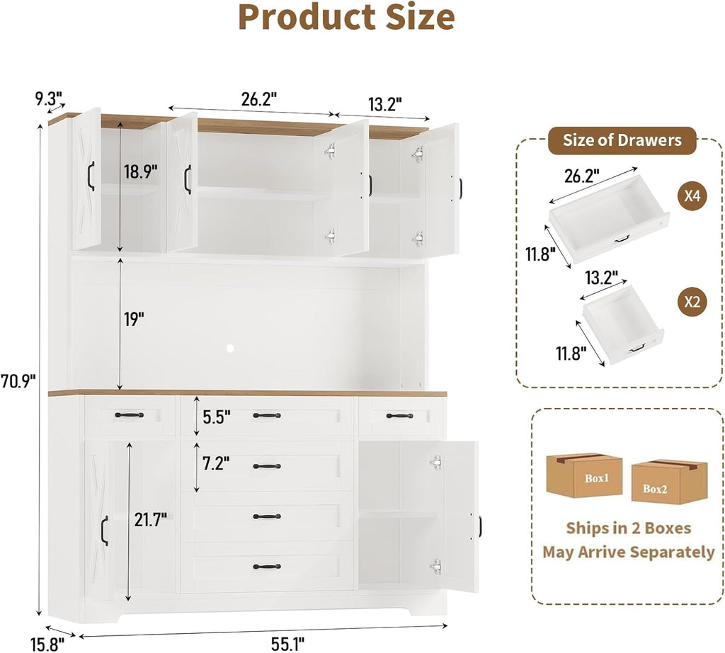 Yanosaku 71" Tall Pantry Cabinet with LED Lights & Charging Station, Farmhouse Kitchen Hutch with 6 Drawers & Adjustable Shelves, Spacious Storage Cabinet for Dining Room, White