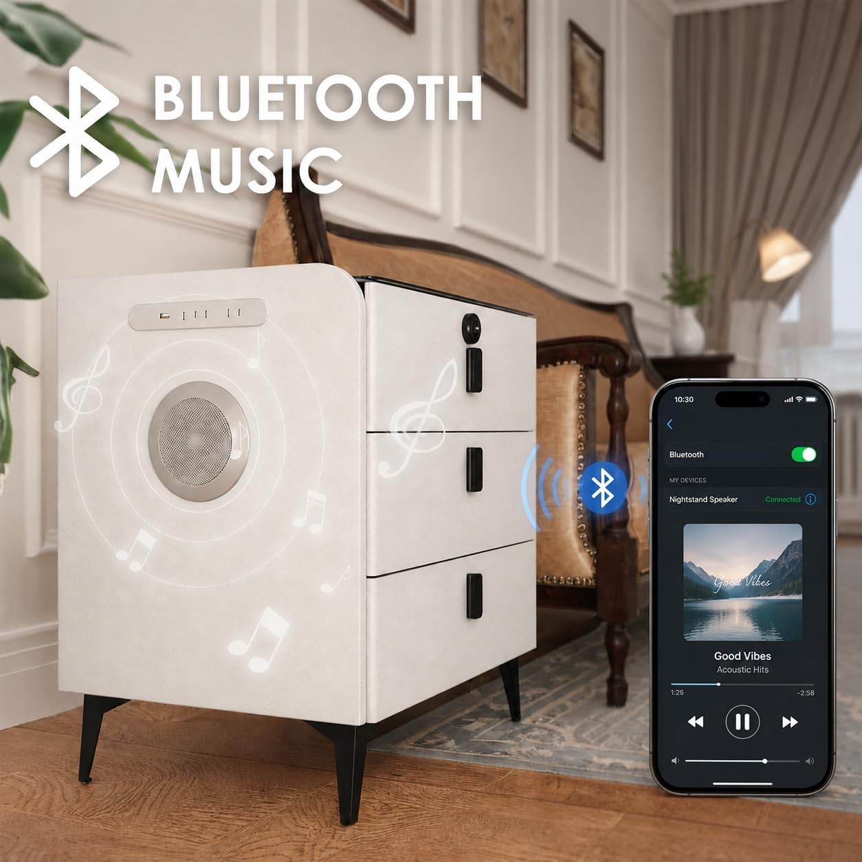 Smart Nightstand with Wireless Charging, with Fingerprint Lock Drawer, Night Stand with Charging Station,2 USB, LED Lights Bluetooth Speaker Side Table for Bedroom/Living Room (White)