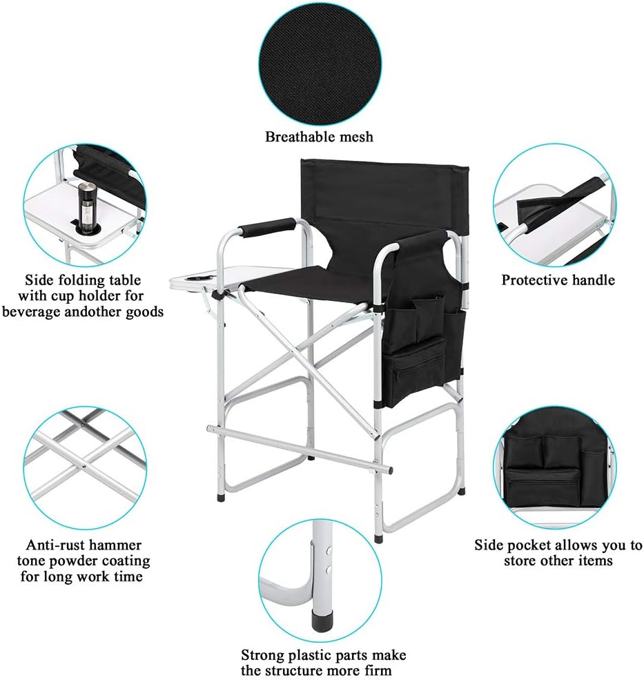 Tall Makeup Chair 41'', Director Chair for Makeup Artist with Table, Cup Holder, Storage Bag & Footrest, 300 lbs Foldable Portable