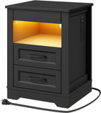 RALGEND Farmhouse Nightstand with Gun Drawer, Bedside Table with Charging Station and LED Light, Night Stand with 3 Drawers, End Table for Bedroom, Living Room, Black
