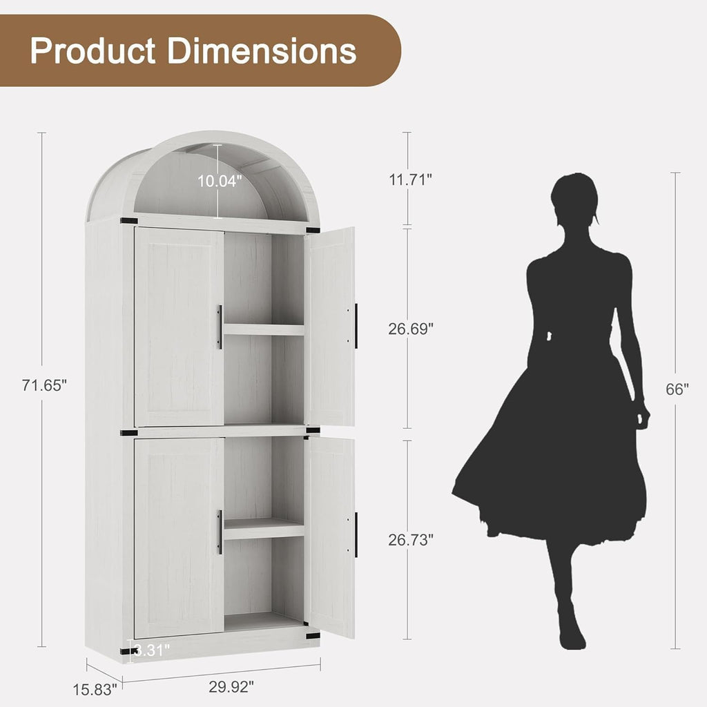 71.6" Arched Kitchen Pantry Cabinet,Farmhouse Arched Cabinet with Bookshelf and Storage Cabinets for Kitchen, Dining Room, Bathroom