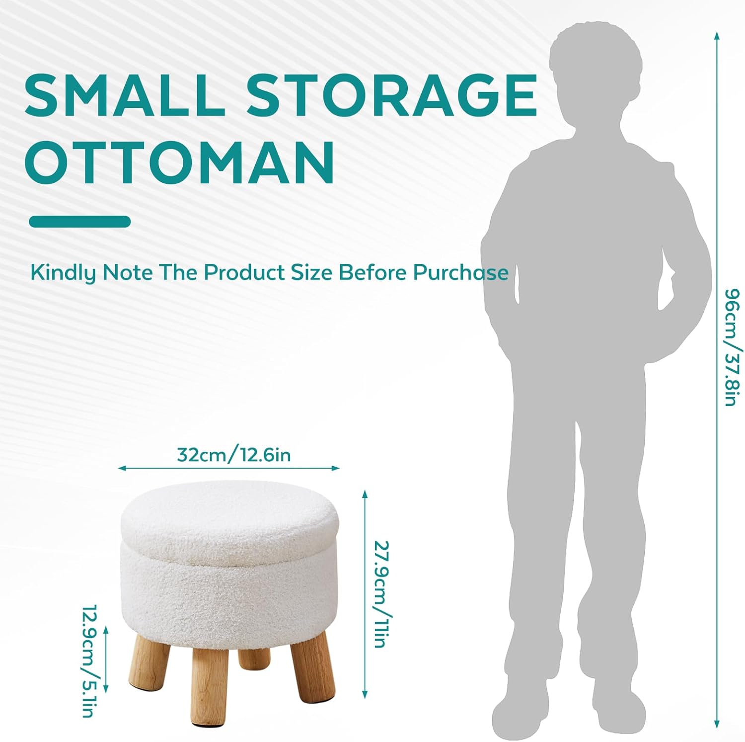 Small Ottoman with Storage, Small Storage Ottoman Round, Sherpa Foot Stool with Legs, Ottomans and Footstools for Living Room and Entryway (White)