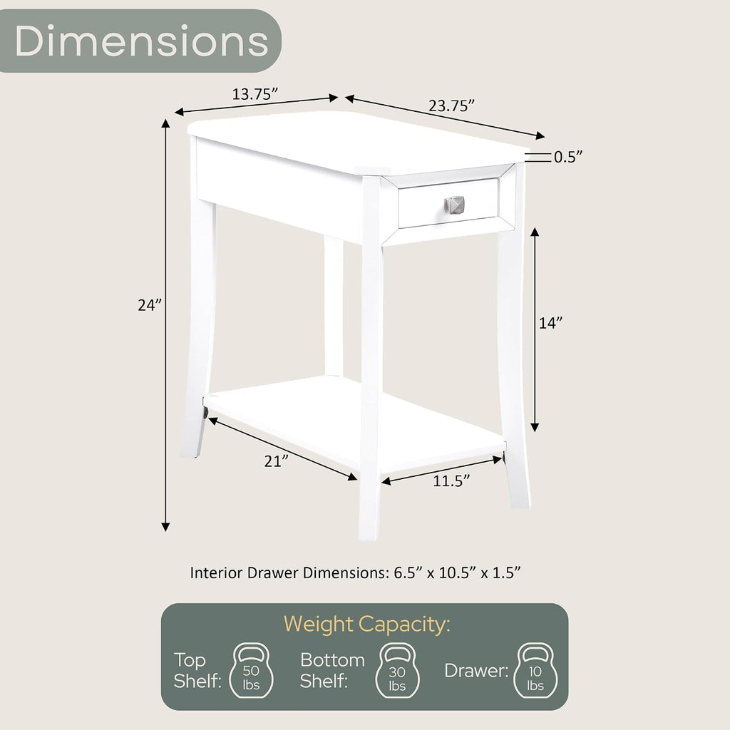 Convenience Concepts Designs2Go Ensenada Chairside End Table 23.75" - Transitional Narrow Side Accent with Storage Drawer & Shelf for Modern Living or Family Room, Bedroom Nightstand, White