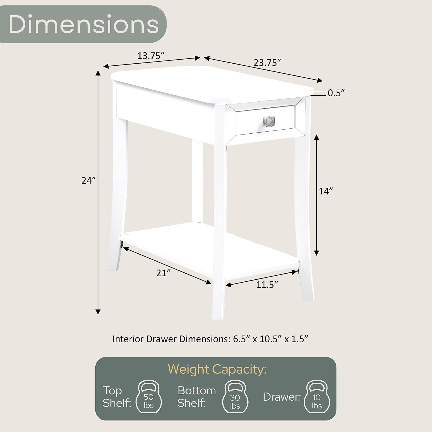 Convenience Concepts Designs2Go Ensenada Chairside End Table 23.75" - Transitional Narrow Side Accent with Storage Drawer & Shelf for Modern Living or Family Room, Bedroom Nightstand, White
