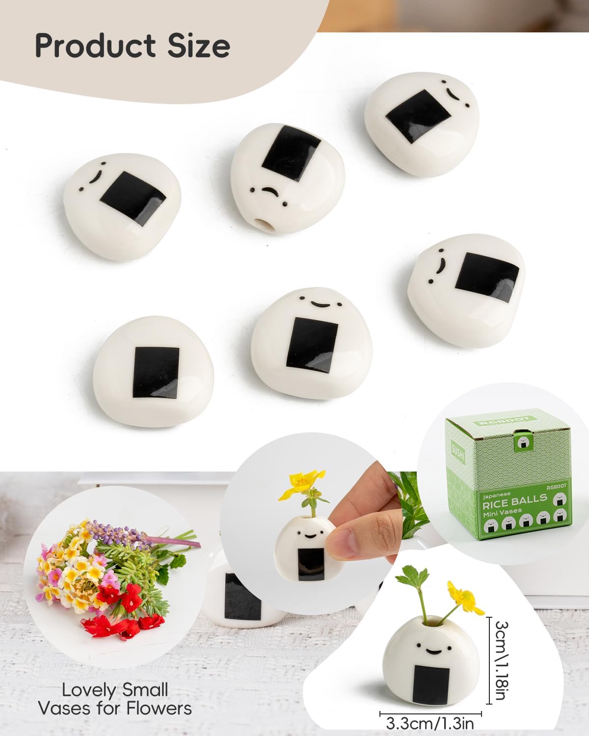 6 PCS Cute Handmade Ceramic Mini Vases - Japanese Onigiri Rice Ball Design for Dried Flowers and Small Stems, Adorable Mini Table Decor, Unique Japanese Craft Gift
