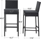 ECOTOUGE Outdoor Bar Stools Set of 4, Wicker Woven Patio Stools & Patio Bar Chairs with Seat Cushion and Cozy Footrest, Rattan Furniture Armless Counter Height for Pool Lawn Porch Backyard, Black