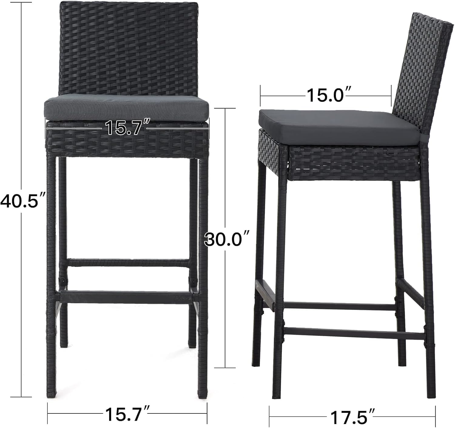 ECOTOUGE Outdoor Bar Stools Set of 4, Wicker Woven Patio Stools & Patio Bar Chairs with Seat Cushion and Cozy Footrest, Rattan Furniture Armless Counter Height for Pool Lawn Porch Backyard, Black