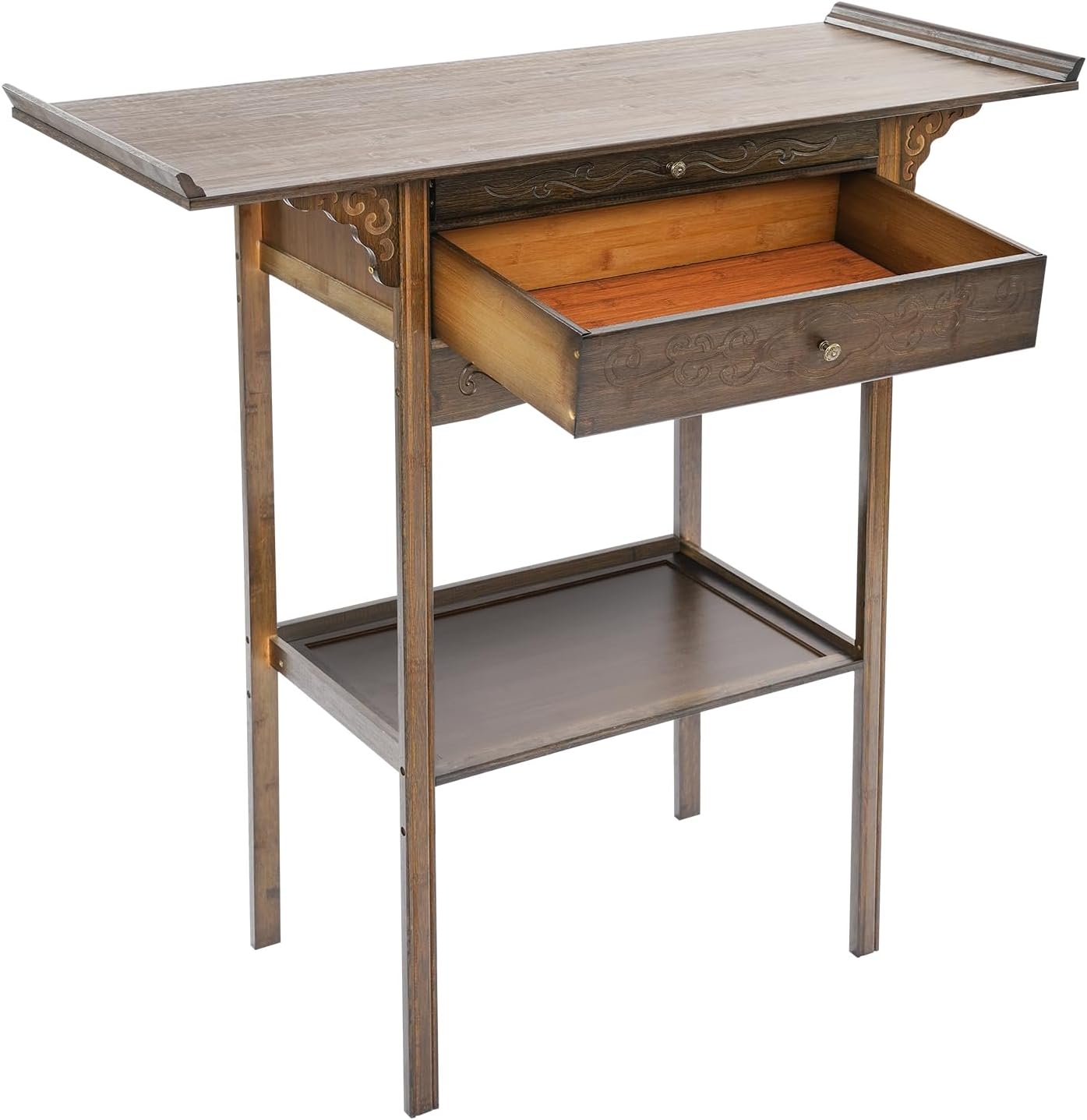 Free Standing Altar Table, Retro Chinese Meditation Table Bamboo Altar Table with Storage & Drawers Prayer Shrine Desk for Home Shrines Ancestral Halls Temples