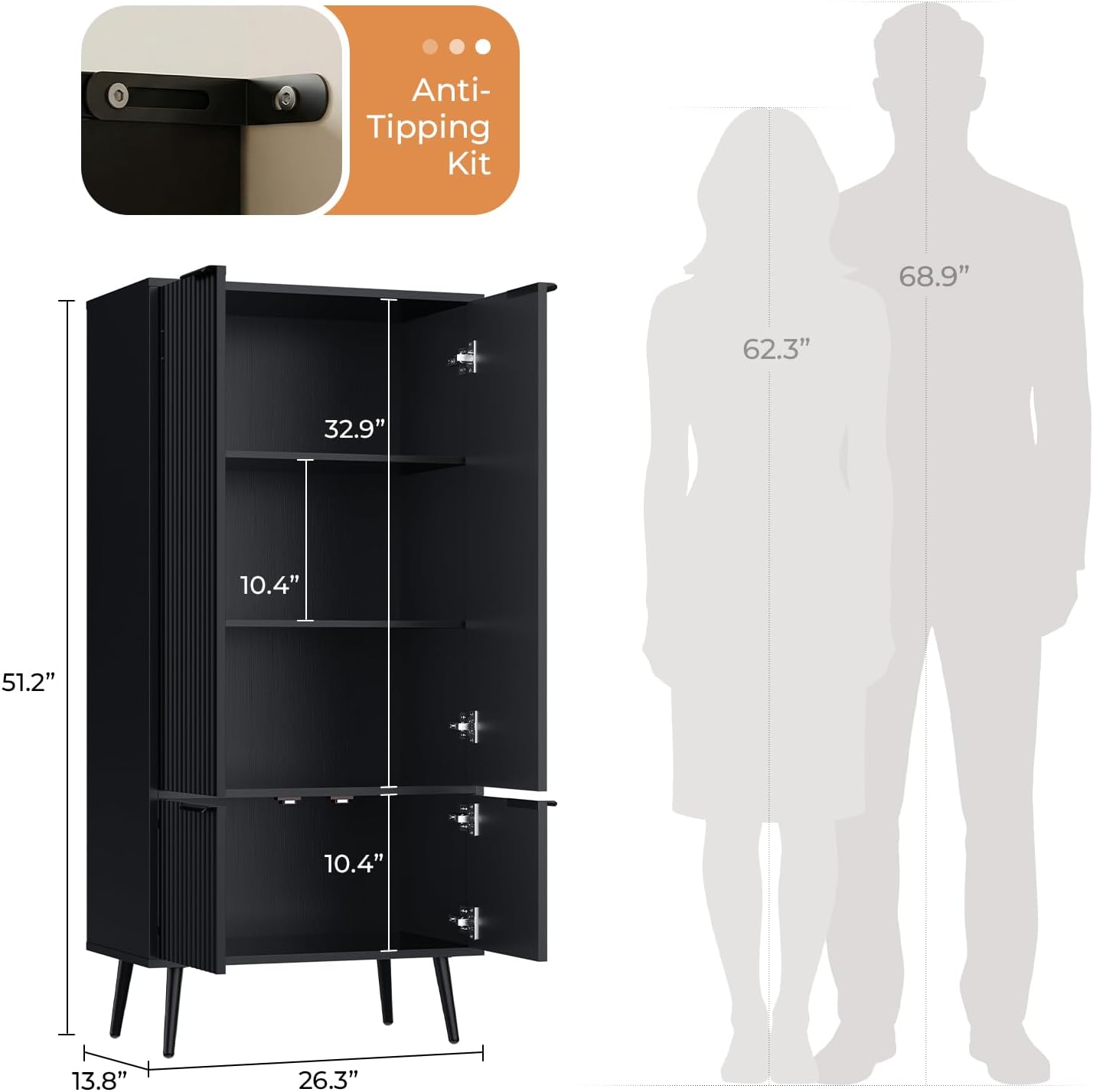 Pantry Cabinet with 4 Doors, 51.2" H Freestanding Bathroom Storage Cabinet, Adjustable Shelf & Raised Legs for Bathroom, Kitchen, Living Room, Black