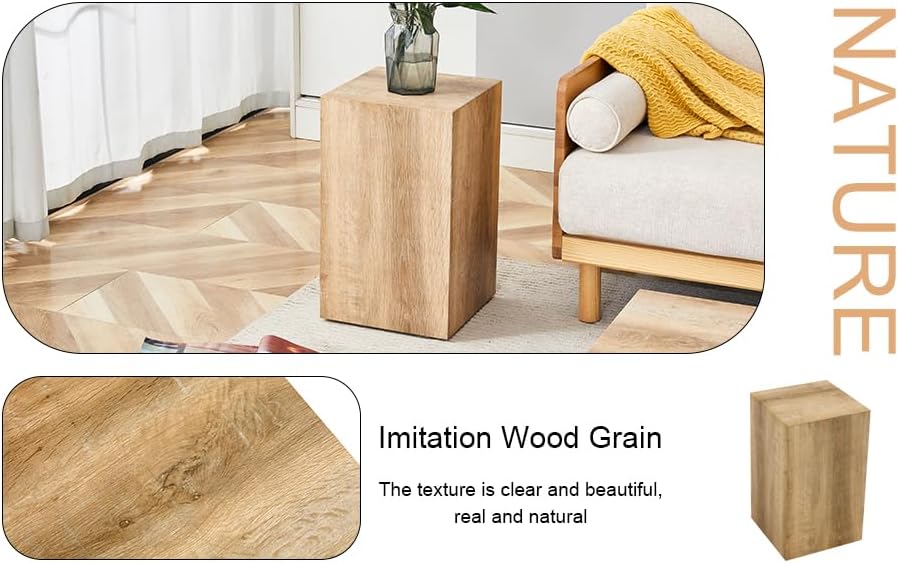 Natural Wood Marble Texture Side Table, MDF End Table, 11.8 x 11.8 x 19.6 Inch, Rectangular Living Room Accent