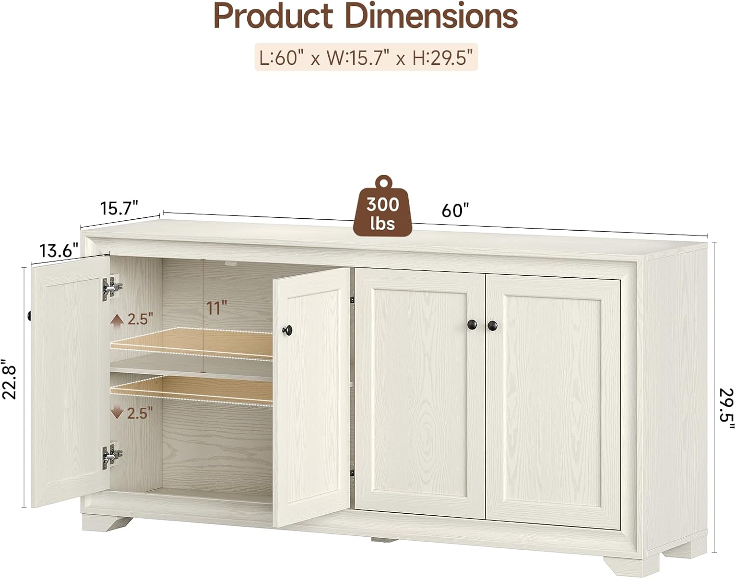 ONBRILL 60" Buffet Cabinet with Storage, 4 Doors Sideboard Buffet Cabinet with Adjustable Shelves, Modern Coffee Bar Console Table for Living Room, Kitchen, Entryway, Grey