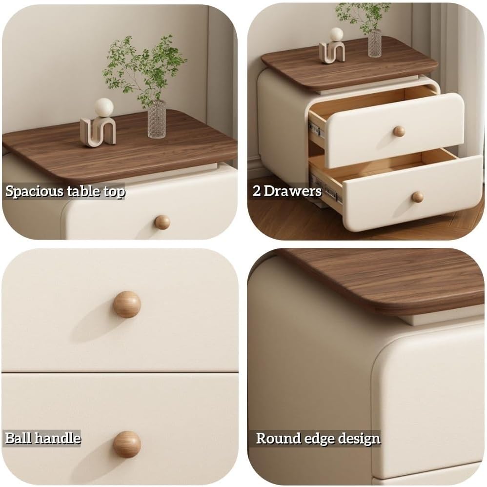 Leather Bedside Table with 2 Drawers, Vintage Wood Nightstand for Bedroom and Living Room