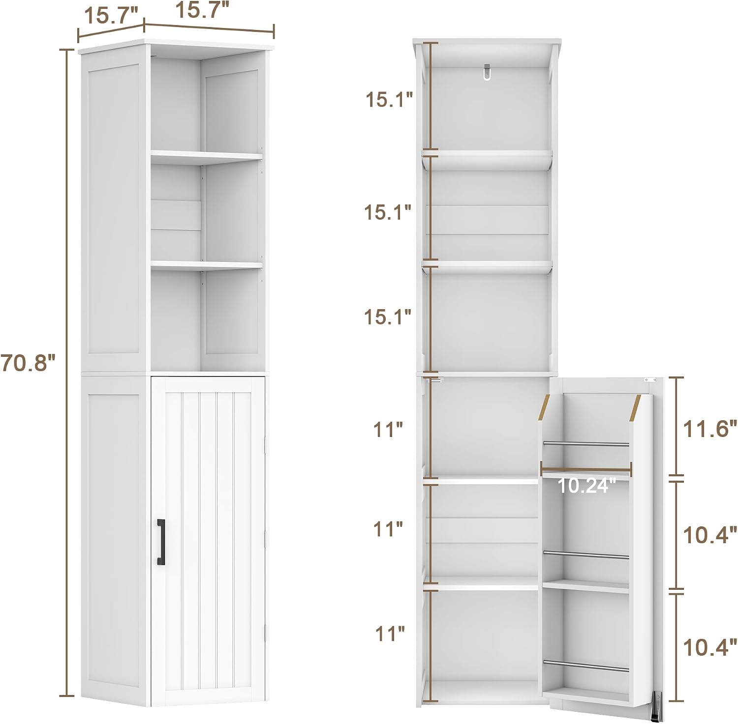 ChooChoo Narrow Kitchen Pantry Storage Cabinet, Slim Storage Cabinet with Adjustable Shelves and Open Shelves, Tall Freestanding Pantry Cabinet for Small Spaces, Kitchen, Dining Room, Bathroom, White