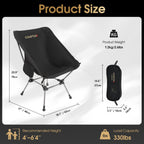 Camptime Portable Camping Chair Plus, Larger & Roomier, Compact and Lightweight, Folding Chair for Backpacking & Hiking, 330Lbs Capacity, Black