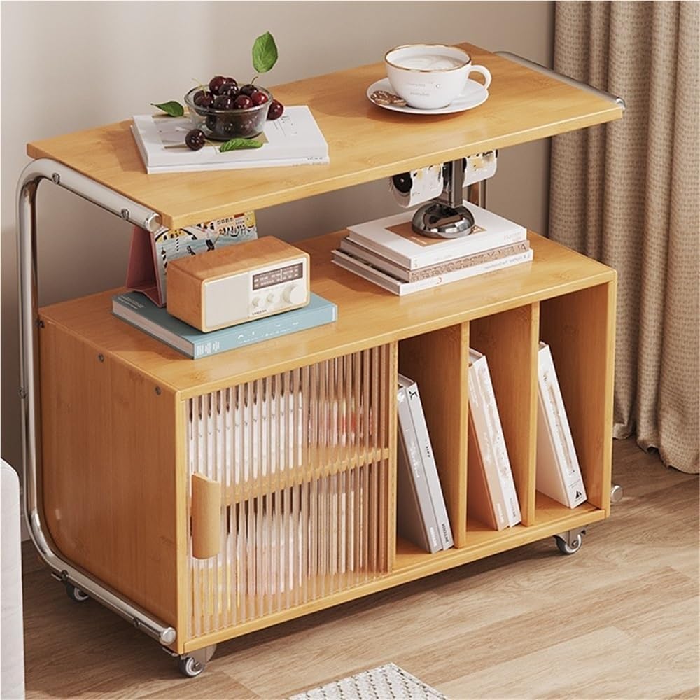 Modern Rolling Side Table End Table with Storage 360° Rollers Movable Night Stand Utility Cart Corner Table for Living Room Creative idea(Natural)