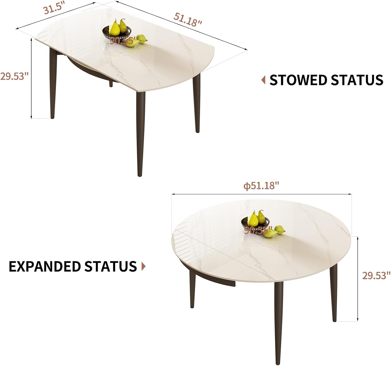 51.2" Expandable Round Sintered Stone Dining Table, Modern Extendable Dining Table, Scratch & Heat Resistant, Seats 4-6 for Home Dining Room(Table Only)