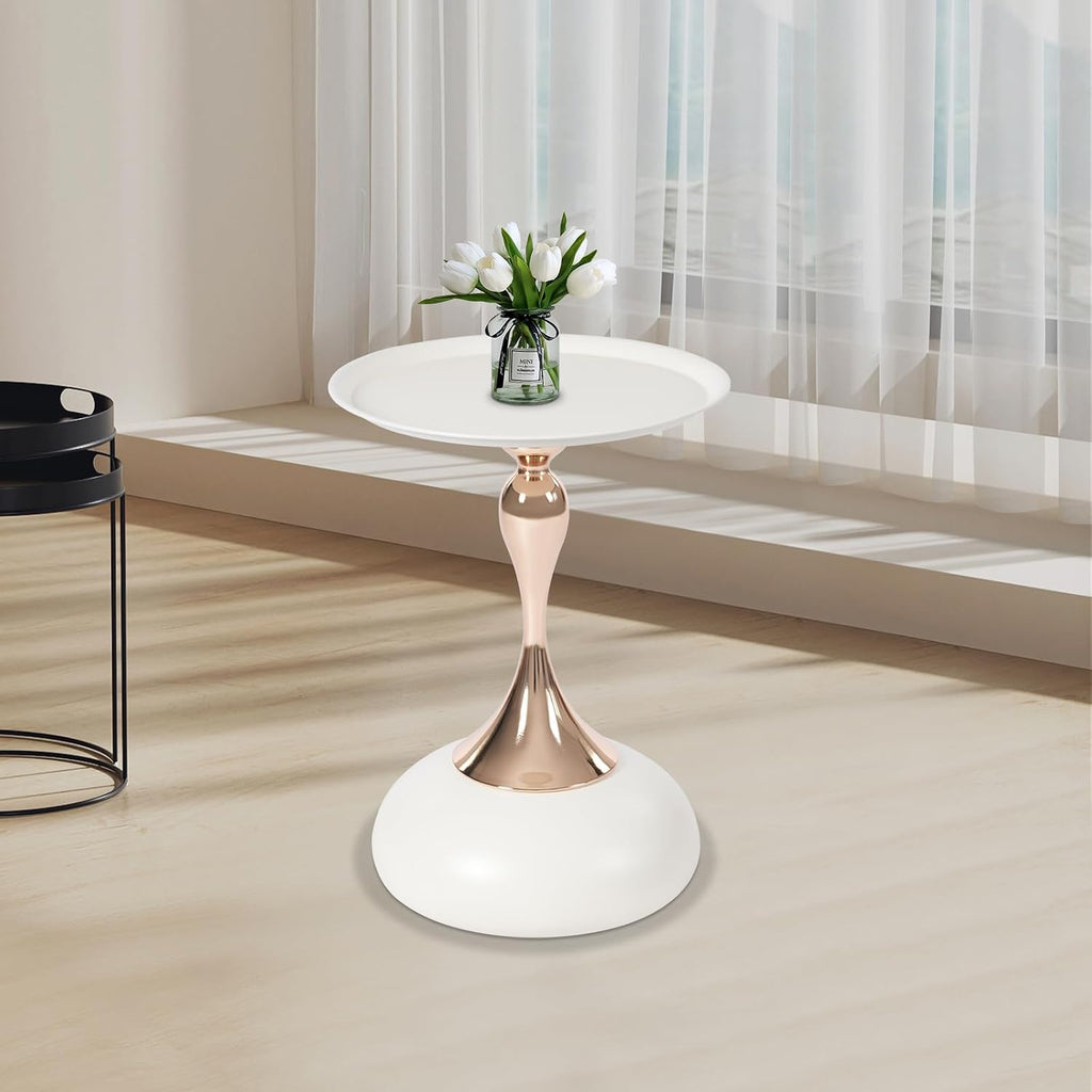 Metal Round End Table,Small Round Side Tables for Small Spaces, Modern Pedestal End Table Living Room, Metal Drink Tables Martini Table, Unique Circle Accent Tables for Sofa, Bedroom (White+Rose Gold)