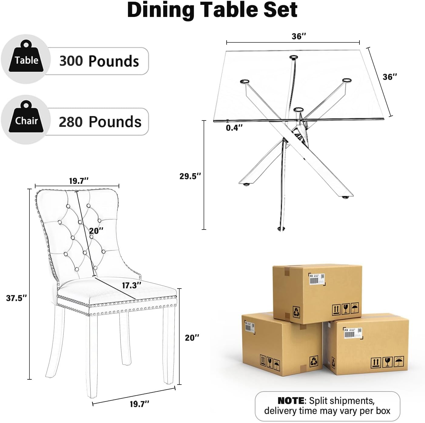 5 Piece Silver Luxury Glass Dining Set, Modern Minimalist Kitchen Table Set for 4, 36'' Clear Square Glass Top Dinner Room Set, Grey High-end Tufted Chairs, for Small Place Living Room