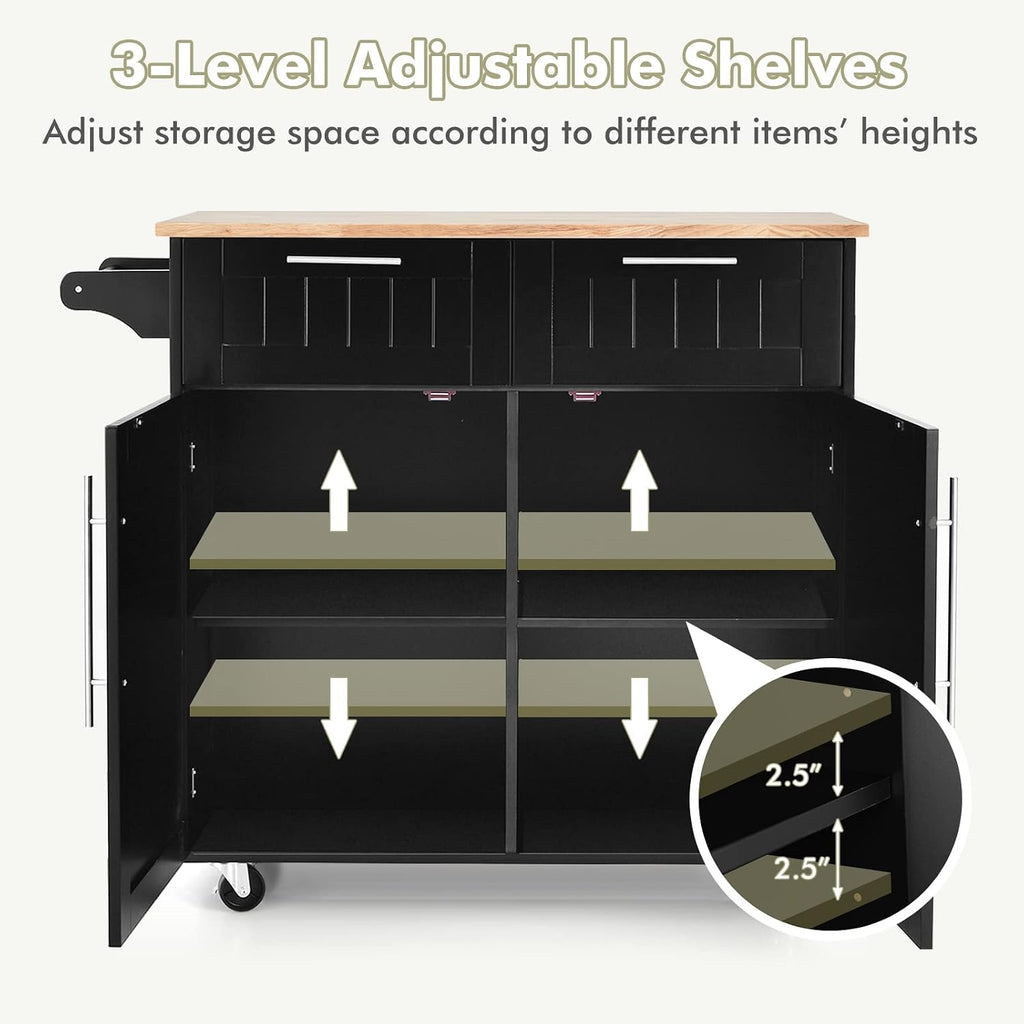 COSTWAY Kitchen Island Cart on Wheels, with Side Towel Bar, 2 Drawers, 2 Door Cabinet, Rolling Storage Trolley Cart with Rubber Wood Top & Lockable Casters (Black)