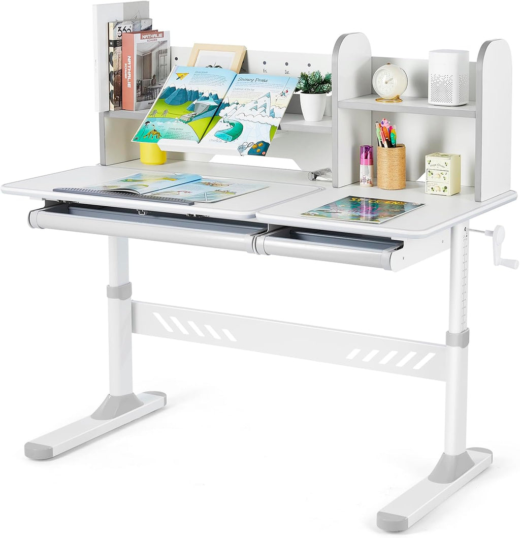 COSVALVE Adjustable Kids Desk with Hutch and Drawers, 47" Wide Multifunction Ergonomic Study Table, with Two Storage Drawer, Tilt Desktop, Height Adjust for Home or School Use, for Girls Boys (Grey)