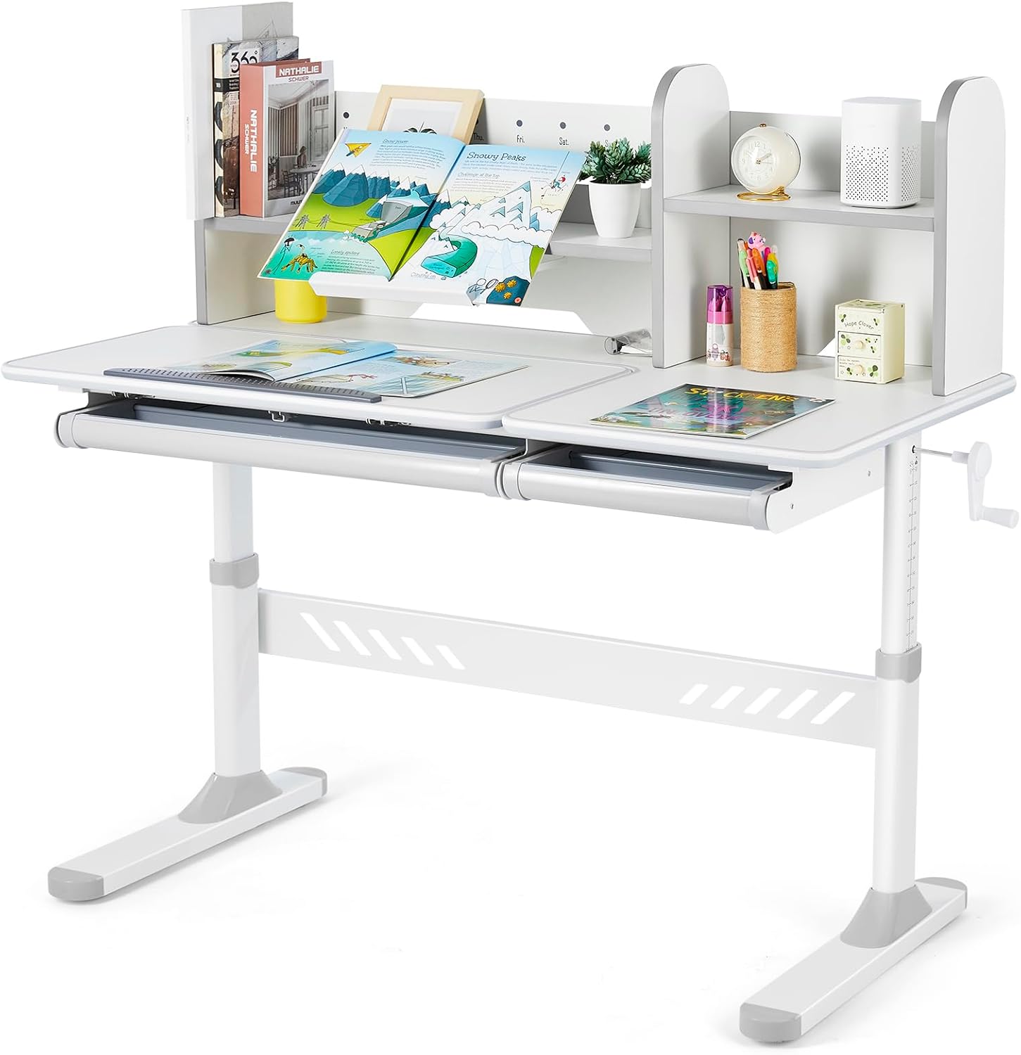 COSVALVE Adjustable Kids Desk with Hutch and Drawers, 47" Wide Multifunction Ergonomic Study Table, with Two Storage Drawer, Tilt Desktop, Height Adjust for Home or School Use, for Girls Boys (Grey)