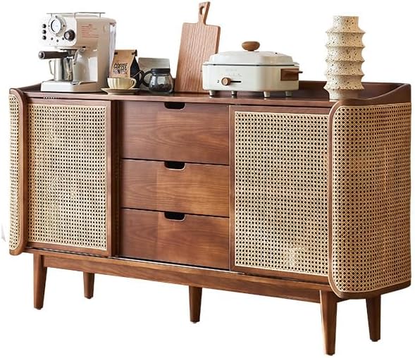 Entryway Cabinet Chinese Style Wooden Sideboard Dining Room with Drawers Double Door Rattan Storage Cabinet Multifunctional Storage Cabinet Sideboard Storage Cabinet