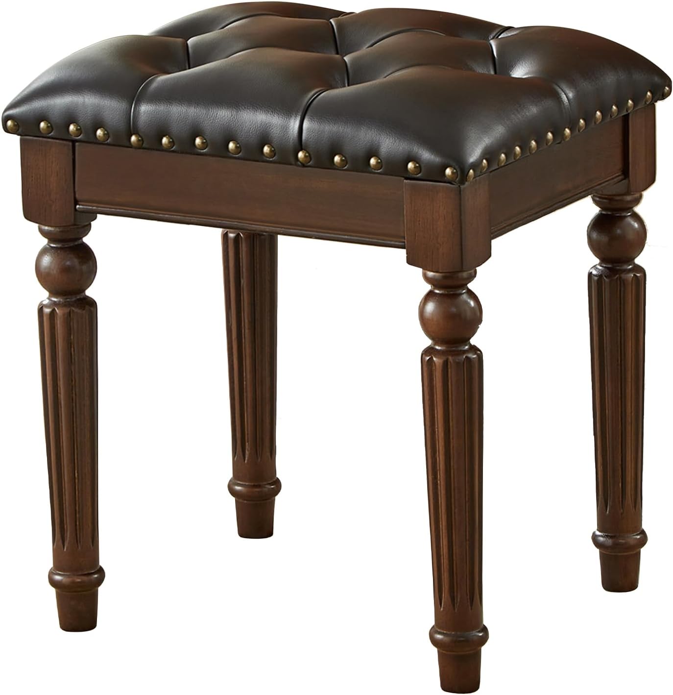 Vanity Bench Stool with Button Tufted, Solid Wood Vanity Bench Seat with Microfiber Leather Cushion for Bedroom, Dinning Roon, Entryway, Cloakroom, Study (Dark Brown)