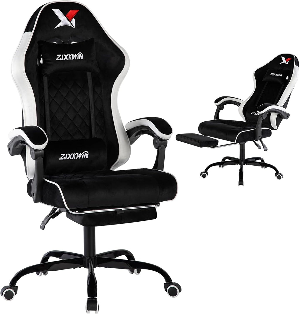 Velvet Gaming Chair, Ergonomic High Back Racing Chair with Footrest, Spring Wide Cushion, Adjustable Headrest & Lumbar Support, 90-135° Recline, 360° Swivel, 300lbs for Home Office, White