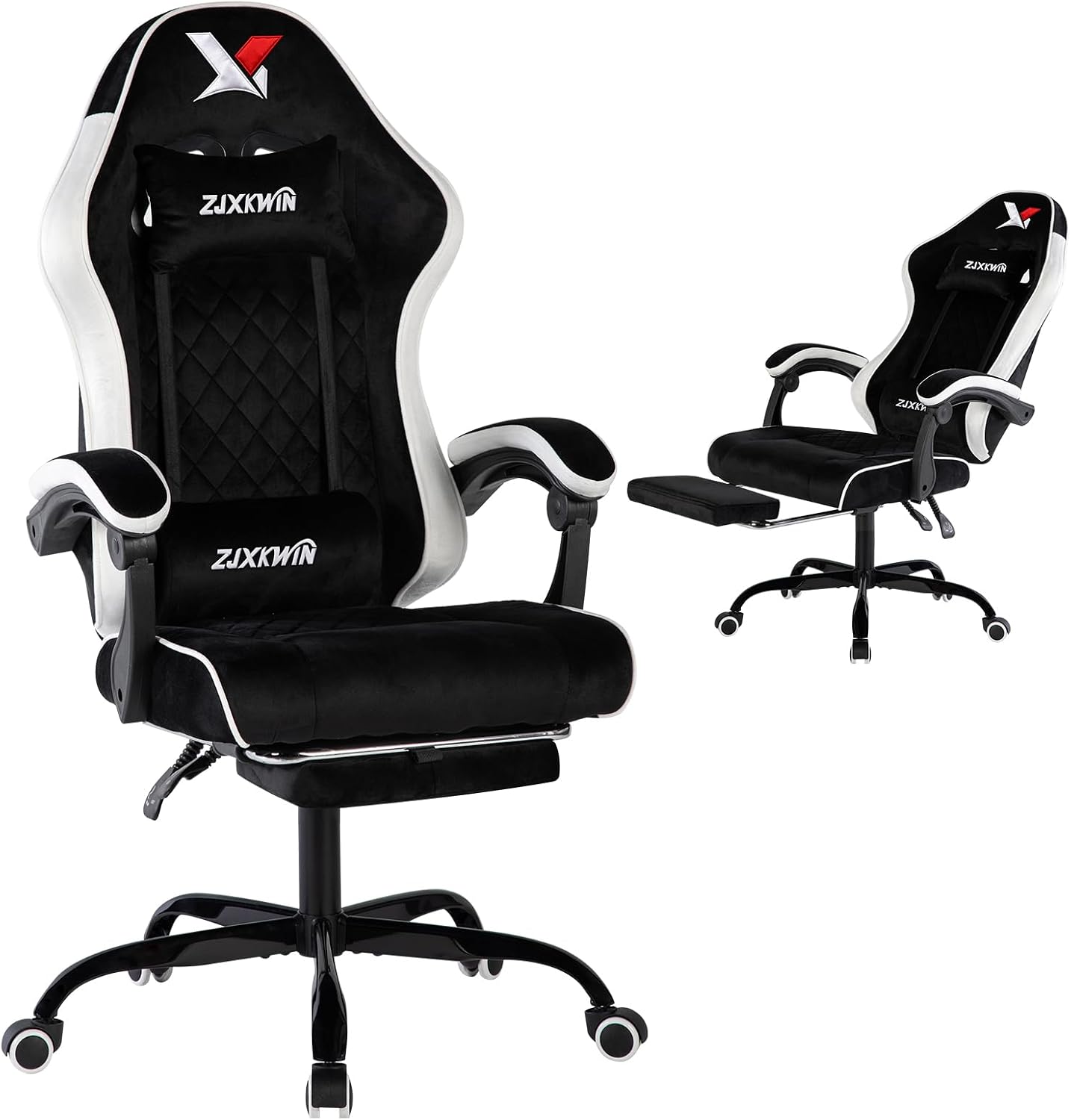 Velvet Gaming Chair, Ergonomic High Back Racing Chair with Footrest, Spring Wide Cushion, Adjustable Headrest & Lumbar Support, 90-135° Recline, 360° Swivel, 300lbs for Home Office, White