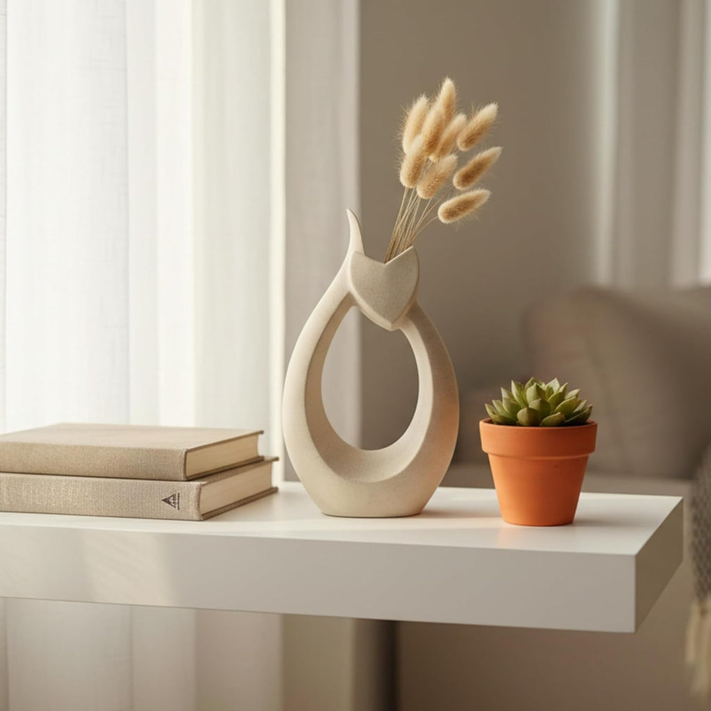 10" Ceramic Vase for Decor - Cute Abstract Cat Statue with Sandstone Texture, Modern Minimalist Boho Flower Vase for Dried Pampas Grass, Unique Heart Shape Lover Gifts for Women, Beige