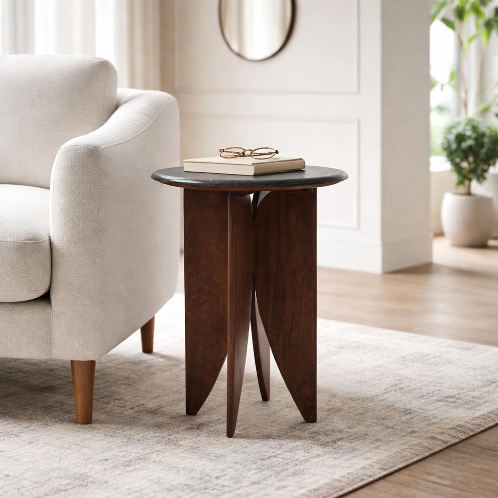 Mango Wood Base and Stone Top for Small Spaces - Round End and Side Table for Living Room, Room and Bedroom Decor - Decorative Night Stand or Bedside Drink Table Accent - 24", Black & Brown