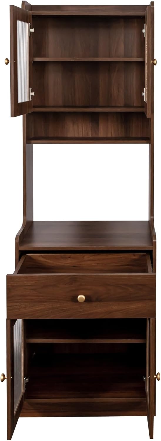 Farmhouse Kitchen Pantry Hutch Cabinet – Freestanding Buffet Sideboard with Microwave Stand, 2 Storage Cabinets, 1 Drawer & Open Counter Space (15mm Particle Board, Melamine Finish)