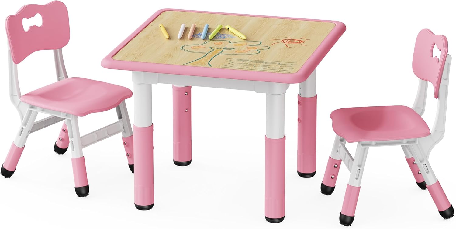 Brelley Kids Table and 2 Chairs Set, Height Adjustable Toddler Desk and Chair Set, Graffiti Desktop, Classroom/Daycare/Home, Children Multi-Activity Table for Ages 3-8