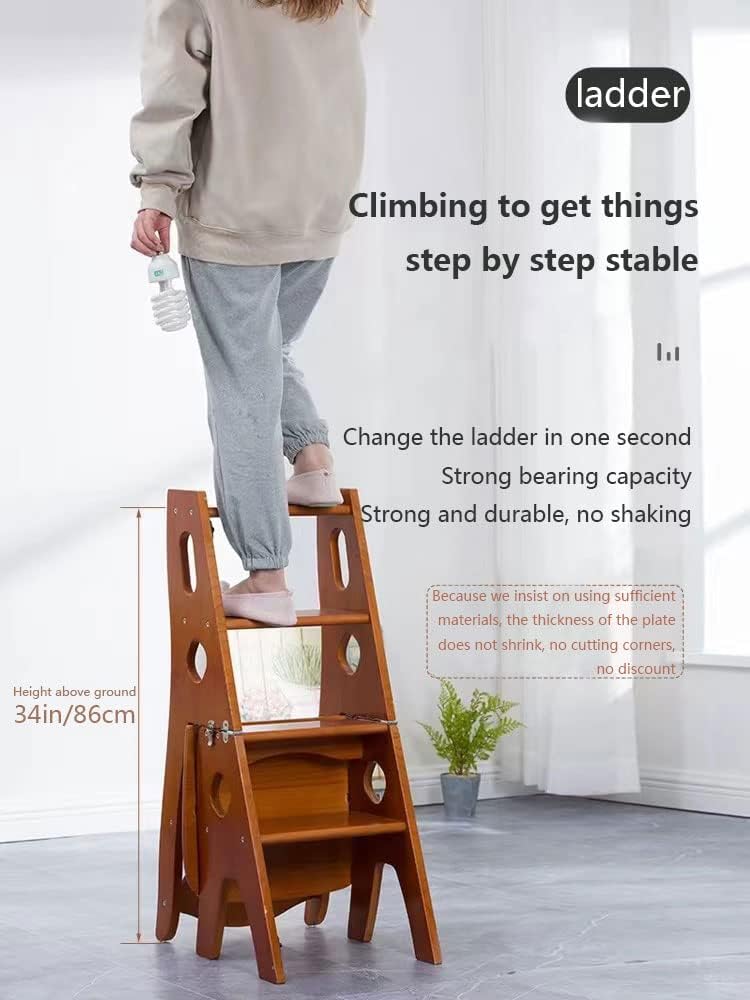 Wooden Folding Library Ladder Chair, 4-Storey Portable Multi-Function Step Stool, Indoor and Outdoor Display Rack Flower Rack (Walnut)