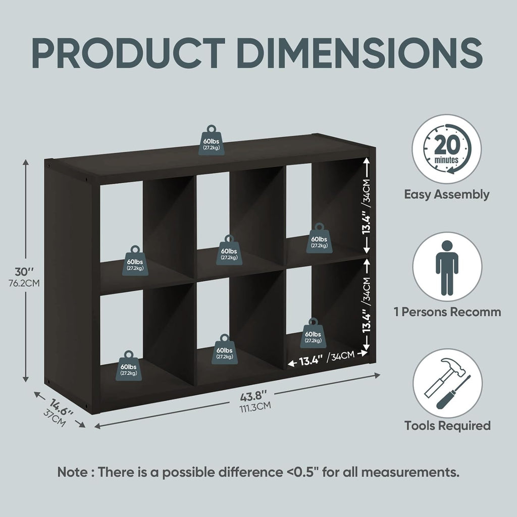 BALEINE Book Shelf, 1.2" Extra Thick Frame Bookshelf, Reversible 6-Cube Storage Organizer with Open Back, 14.6" x 43.8" x 30", for Living Room, Bedroom, Home Office (Black Dark Oak)